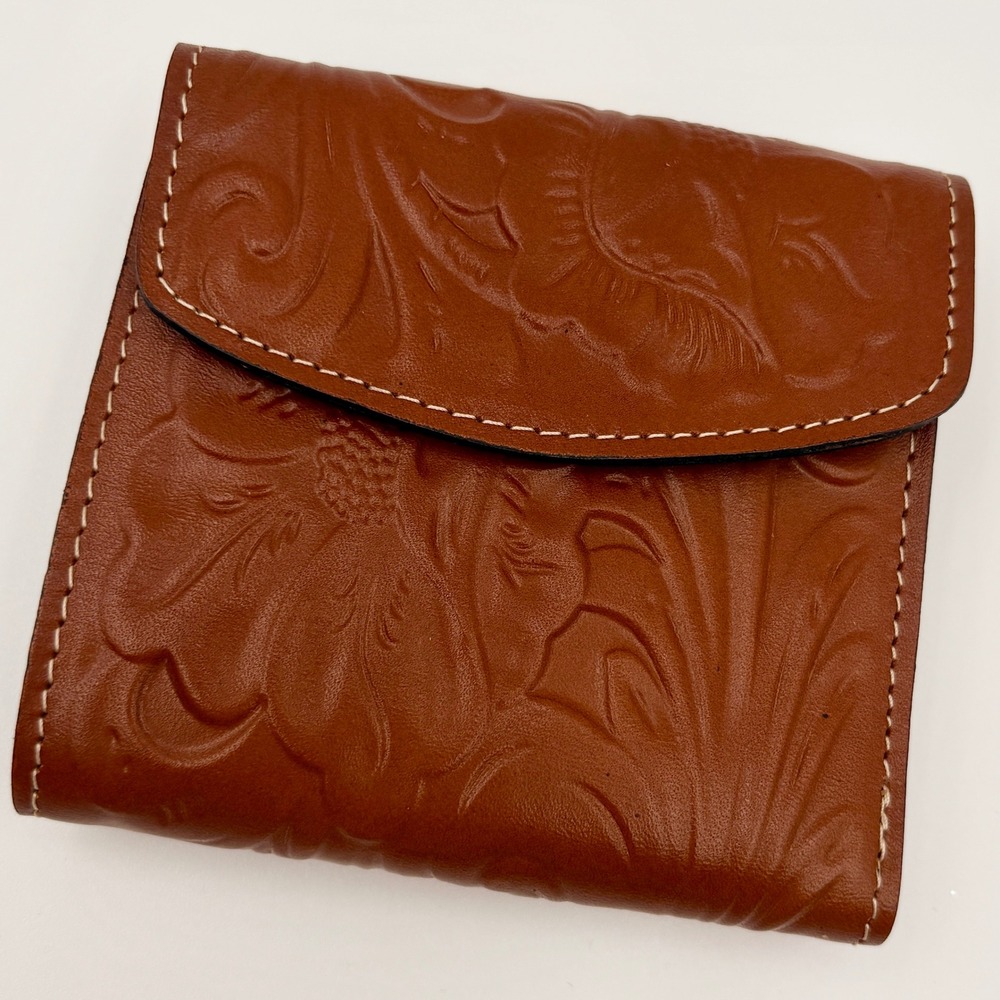 Patricia Nash Terresa Wallet Tan Floral Embossed Leather Trifold Kisslock RFID
